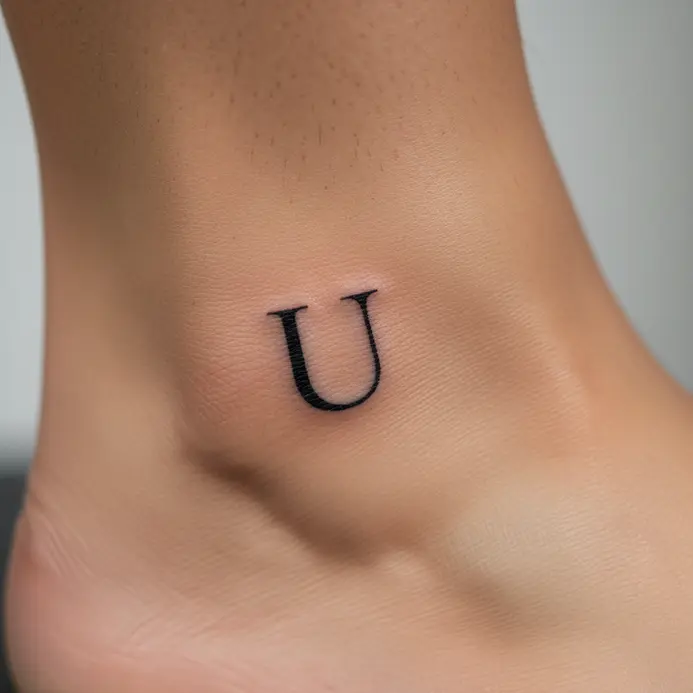 A single, elegant letter U in a thin serif font tattooed on the side of an ankle.