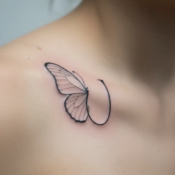 The graceful outer outline of a butterfly wing that naturally forms the shape of a letter U, tattooed on the shoulder.