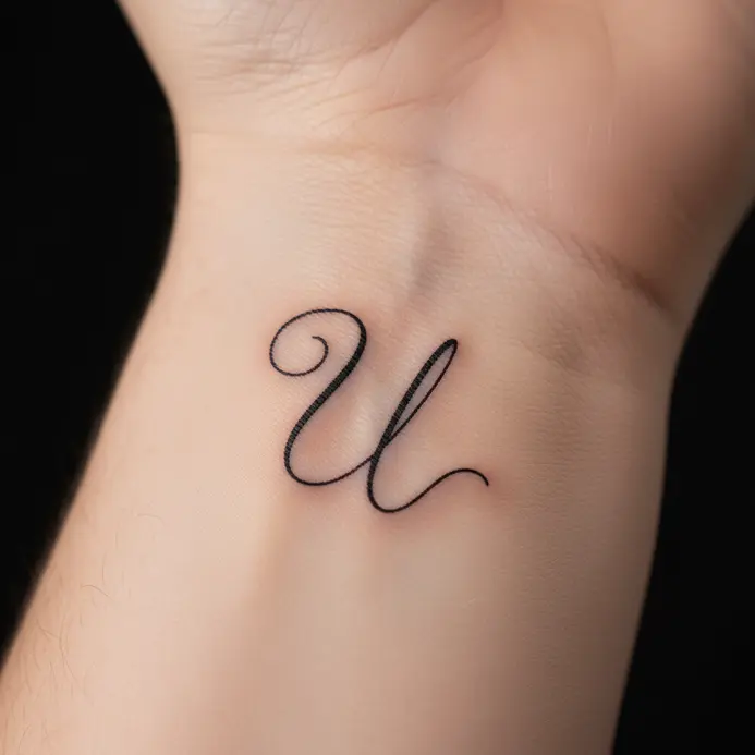 A delicate, flowing cursive letter U created with a single fine line on the inner wrist.