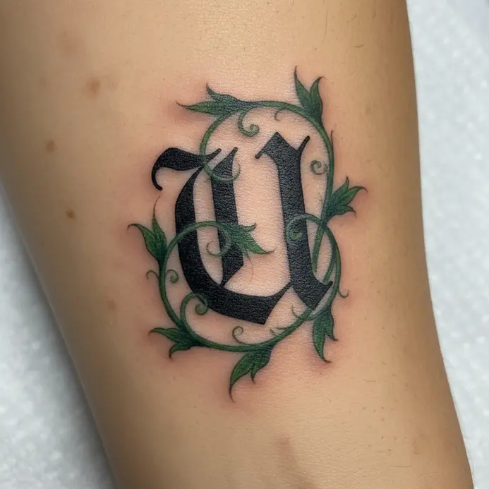 A bold script letter U with detailed botanical vines curling around it on a forearm.