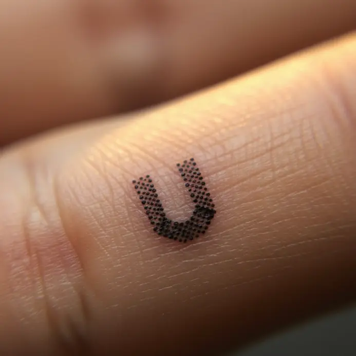 A small, structured letter U formed entirely from precise dotwork dots on the side of a finger.