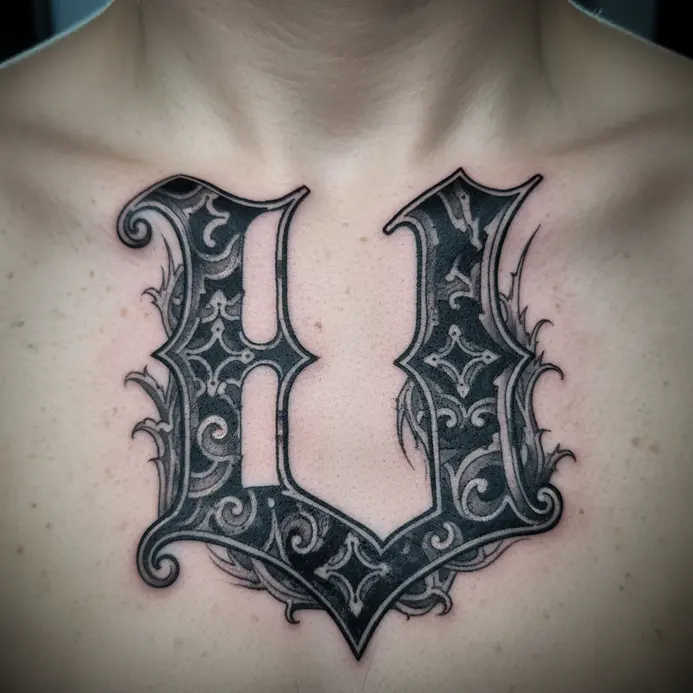 A large, intricately shaded gothic letter U where the center of the letter is defined by negative skin space on the upper chest.