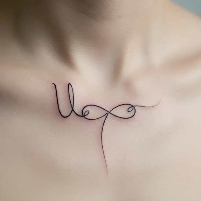A single continuous fine line forming both a letter U and an infinity symbol, placed along the line of the collarbone.