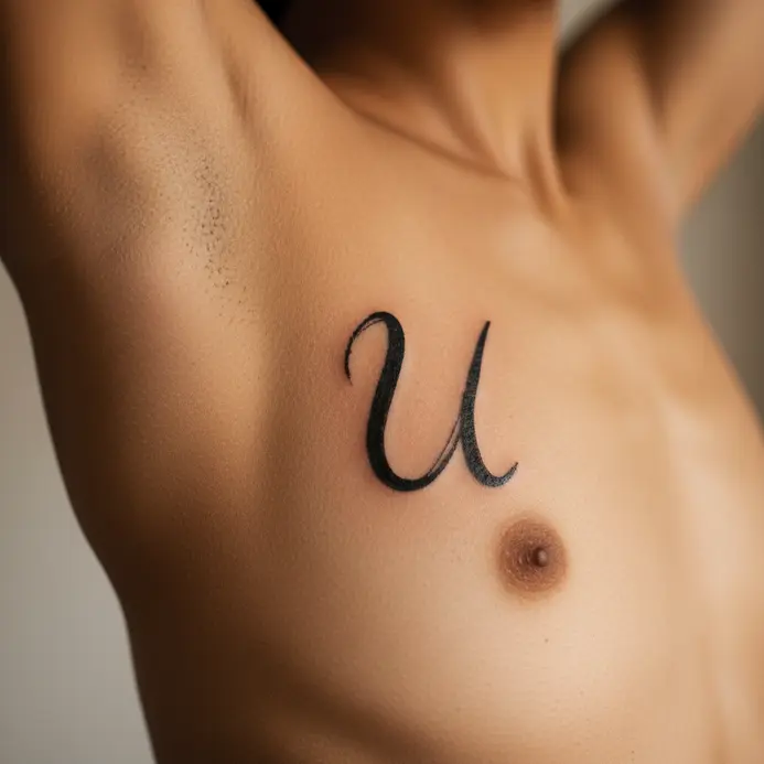 A letter U that looks like a single, sweeping brushstroke with tapered ends, tattooed along the rib cage.