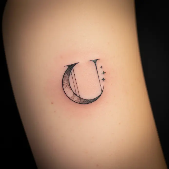 A crescent moon and small star dots connected by fine lines to form the shape of a letter U on the inner bicep.