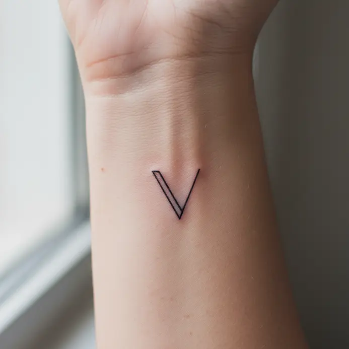 A single, delicate line forms a precise letter V on a person's inner wrist.