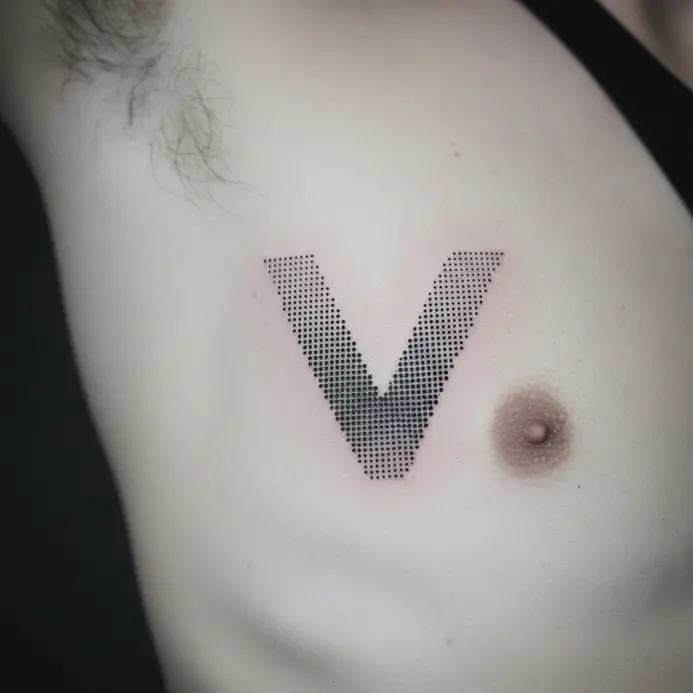 A triangle composed of precise dots forms a letter V shape on the side of the ribcage.