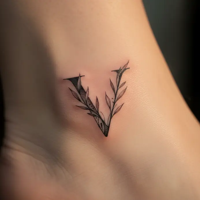 A thin letter V is gracefully intertwined with leafy vines, wrapping around an ankle.