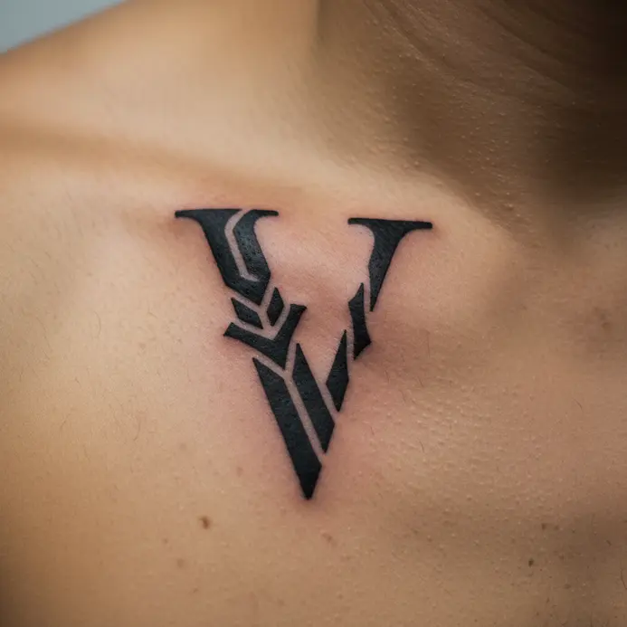 A solid black, tribal-inspired letter V design with sharp angles sits on the shoulder.