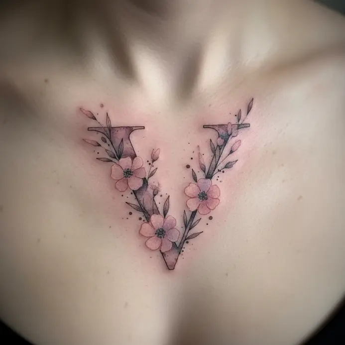A letter V shape is formed by soft watercolor petals in pink and purple hues on the chest.