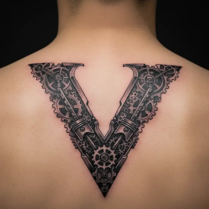 A detailed mechanical gear system is arranged to create a letter V shape between the shoulder blades.