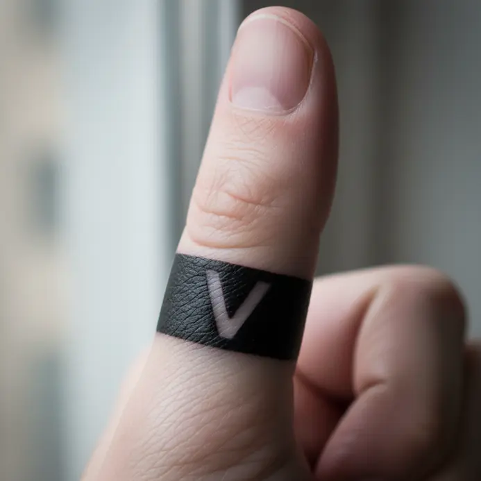 A small letter V is created using negative space within a solid black silhouette on a finger.