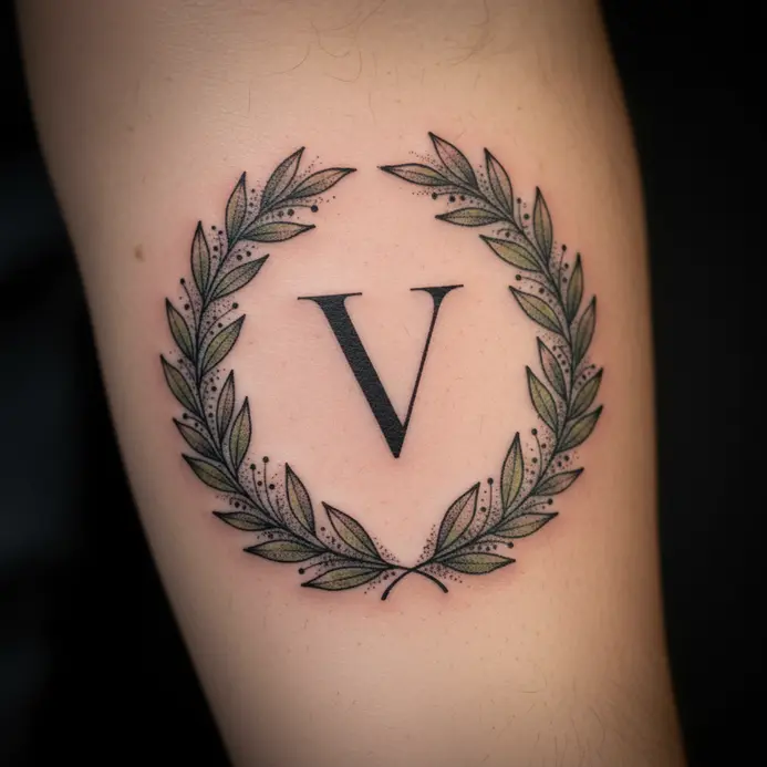An intricate laurel wreath tattoo frames a central, stylized letter V on the inner arm.