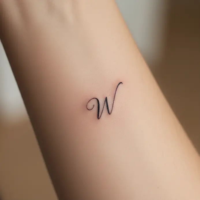 A thin, elegant cursive letter W tattooed in fine black lines on the inner wrist.