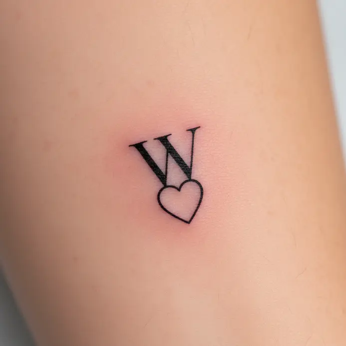 A small, minimalist tattoo where the two middle strokes of the letter W curve to create a heart symbol.