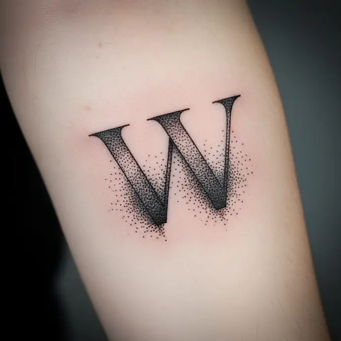 A classic serif letter W tattoo featuring gradual shading from dense black to skin tone, achieved with tiny dots.