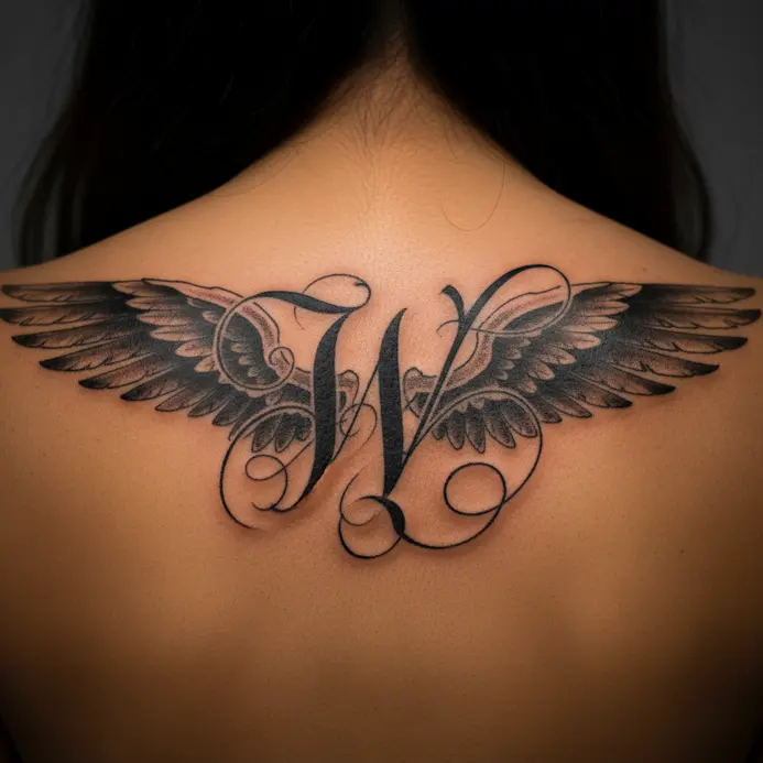 A large, sweeping calligraphy letter W tattoo on the upper back, with detailed feather wings extending from its strokes.