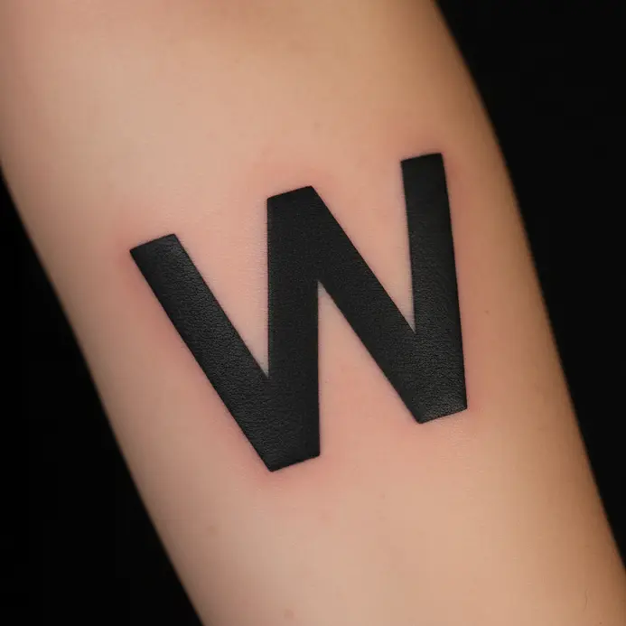 A clean, thick-lined letter W tattoo in a bold, modern sans serif font with solid black fill.