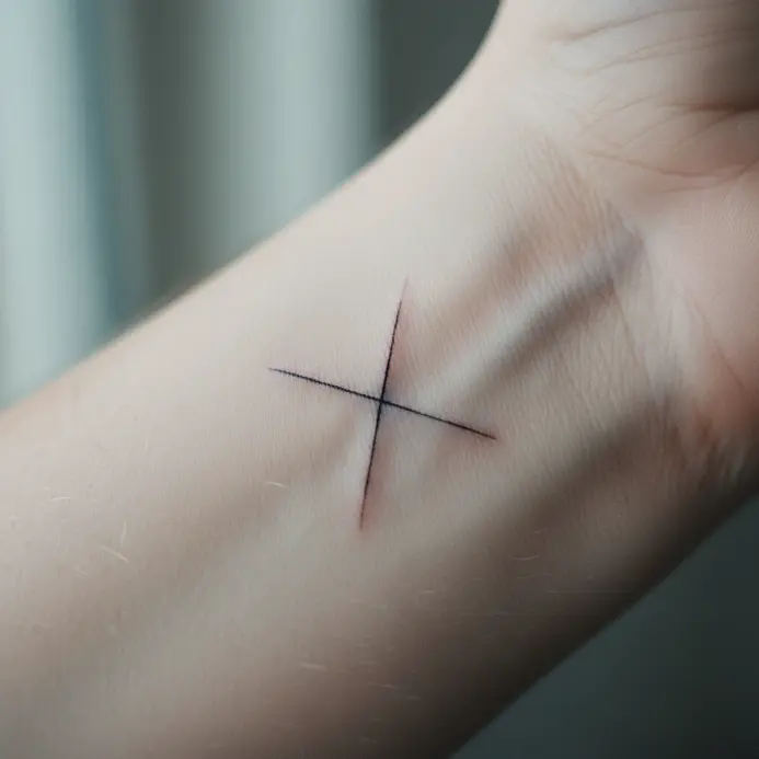 A thin, single-needle X tattoo in black ink on pale skin at the inner wrist.