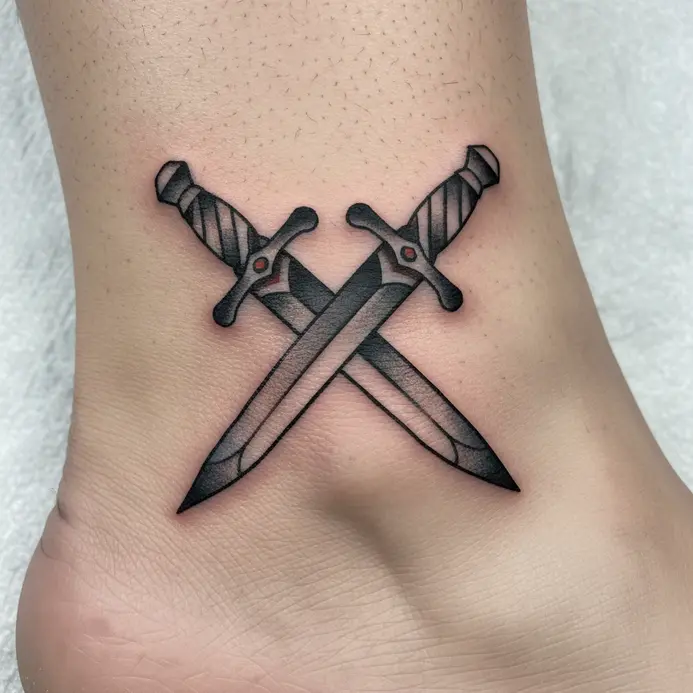 Two detailed dagger silhouettes crossed to form an X, tattooed on the outer ankle.