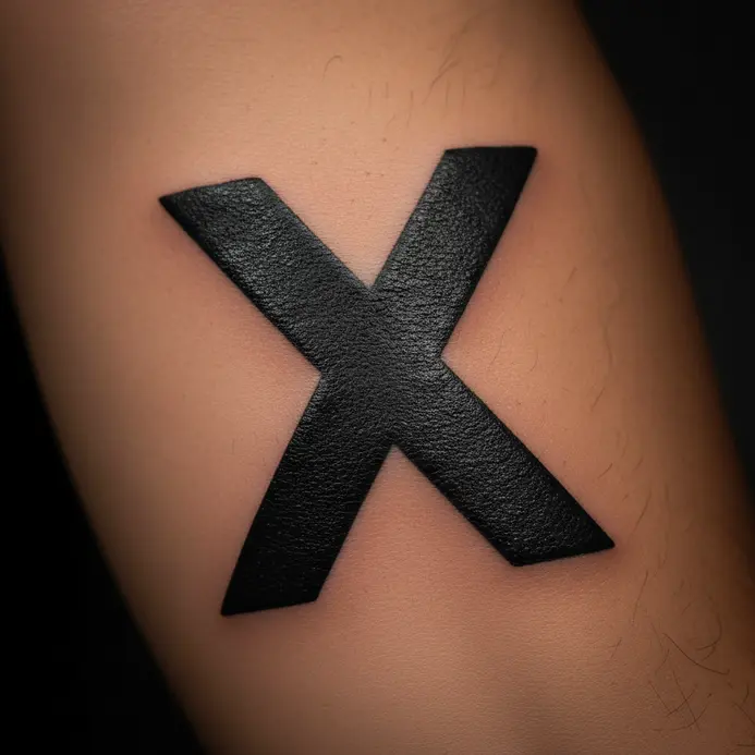 A large, perfectly symmetrical letter X filled with solid black ink on a forearm.