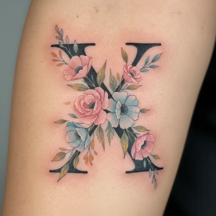 A black linework X shape woven with blooms in soft pink and blue watercolor washes.