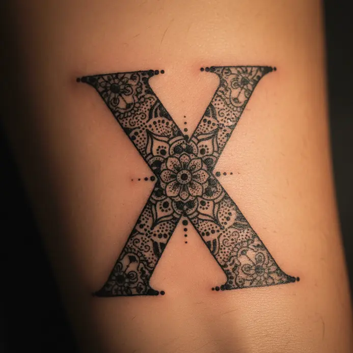 An intricate mandala pattern formed by thousands of tiny dots, confined within the silhouette of an X.