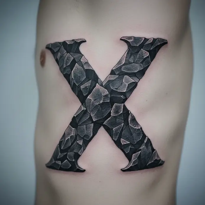 A large X tattoo on the side of the torso featuring realistic cracked stone texture and deep shading.