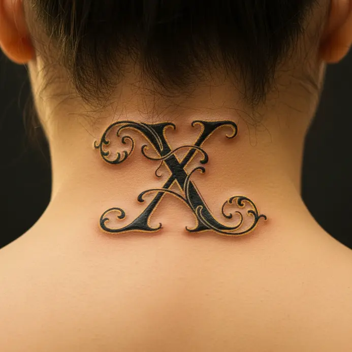 A cursive letter X tattoo with swirling, decorative filigree extensions, placed centrally on the back of the neck.