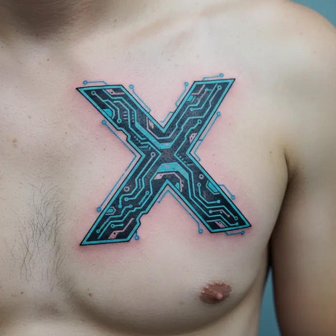 A neon blue and black X tattoo on the chest, styled like a circuit board with lines and nodes.