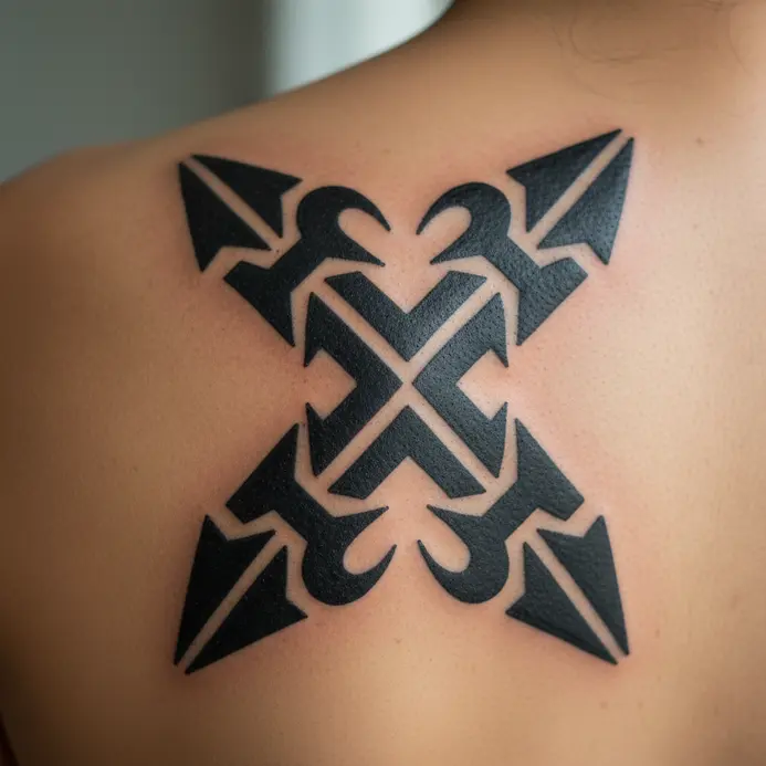 A thick, black tribal design that creates an X shape, tattooed over the curve of a shoulder blade.