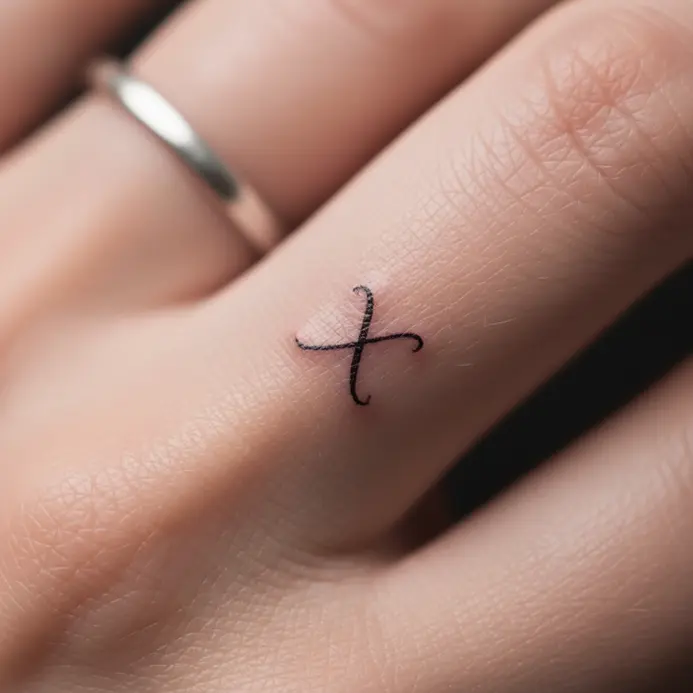A very small, cursive X tattoo in fine black ink along the side of a ring finger.