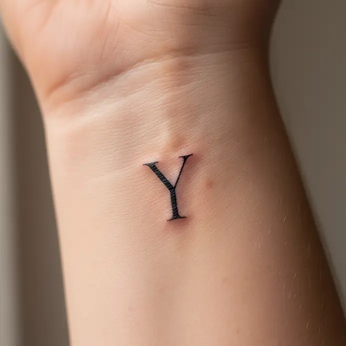 A delicate black serif letter Y tattooed in fine lines on a person's inner wrist.