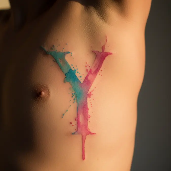 A colorful letter Y tattoo created with soft watercolor washes and ink splatter effects along the side of the ribcage.