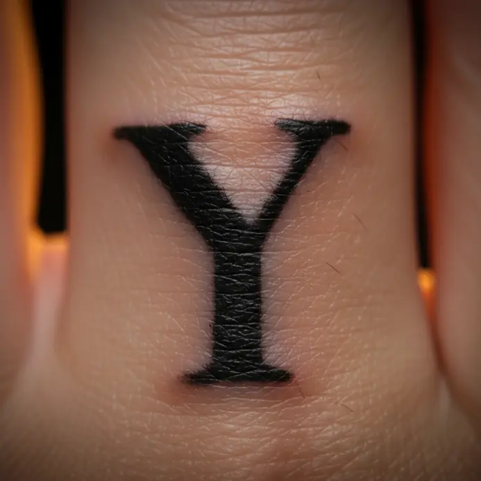 A bold, solid black letter Y tattoo in a traditional American style placed on the side of a finger.