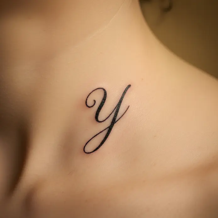 A single elegant cursive letter Y tattooed in a flowing script that curves along the line of the collarbone.