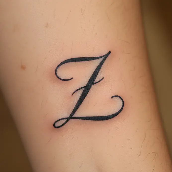 A flowing, elegant cursive letter Z script placed along the collarbone.