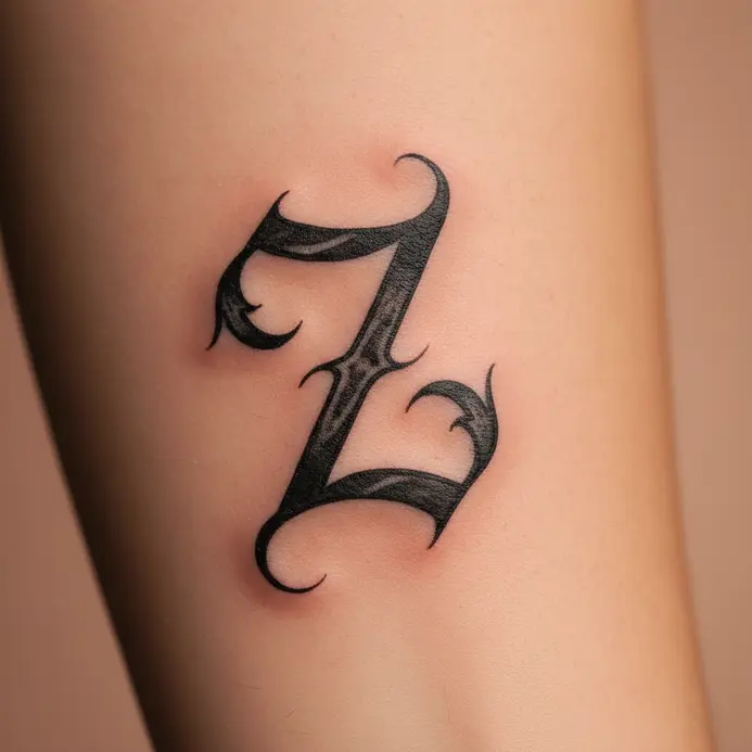 An ornate, spiky letter Z design rendered in heavy blackwork.