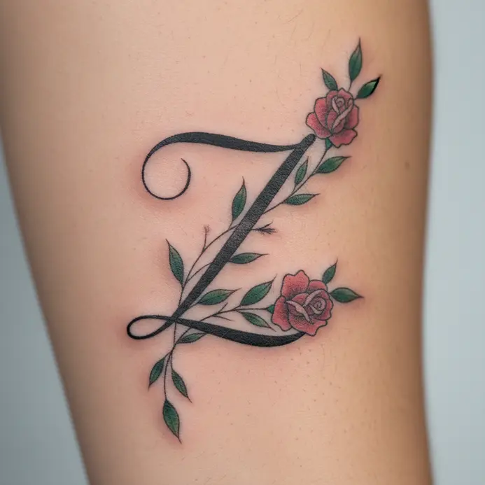 A script letter Z is gracefully wrapped with leaves and a small rose.