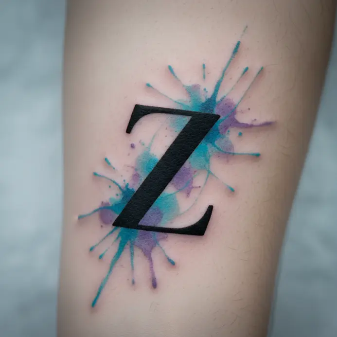 A solid black letter Z is surrounded by soft blue and purple ink splatters.
