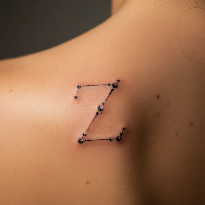 Small dots connected by a faint line form a Z constellation on the shoulder.