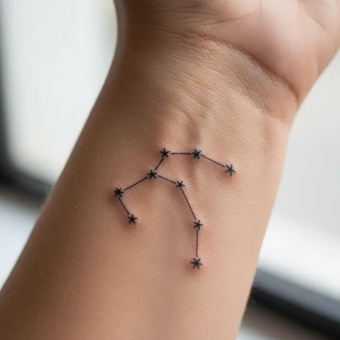 A delicate single-needle outline of the Libra constellation stars on the inner wrist.