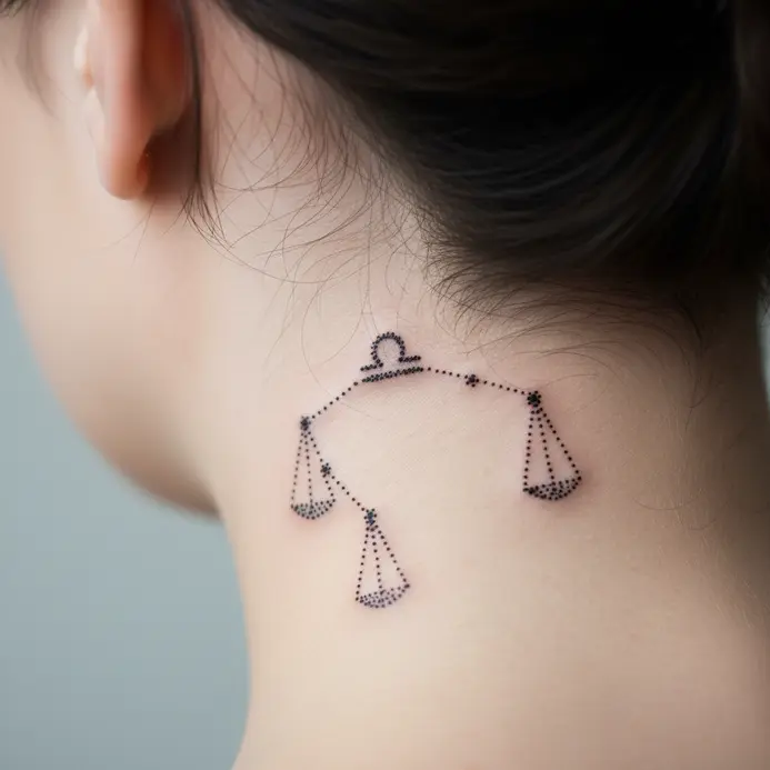 A small cluster of dots forming the Libra constellation placed discreetly behind the ear.
