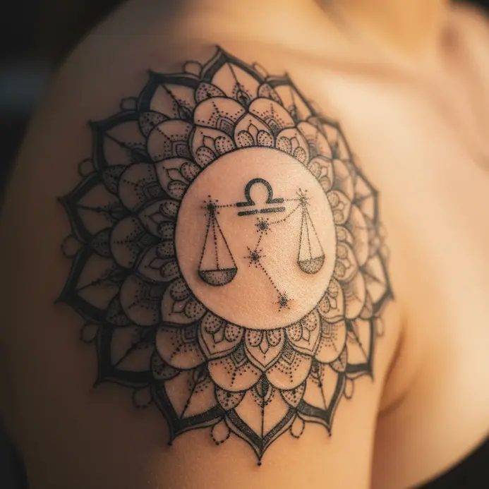 A symmetrical geometric mandala with the Libra star pattern at its central focal point on the shoulder.