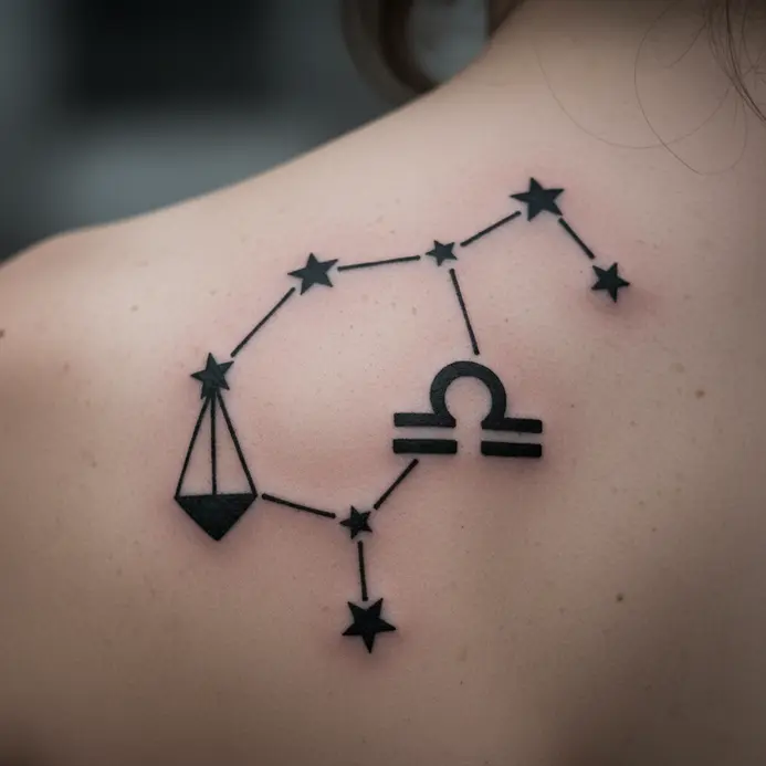 A solid black, graphic representation of the Libra constellation with varied star sizes on the shoulder blade.