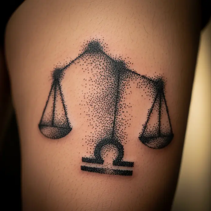 The Libra constellation rendered entirely in stippled dots, wrapping partially around the outer thigh.