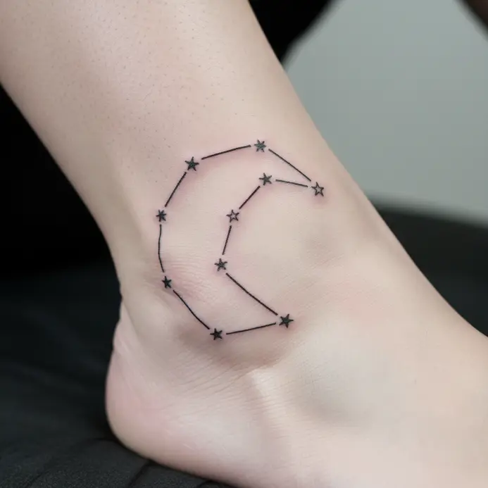 A clean, unshaded outline of the Libra constellation stars circling the ankle bone.