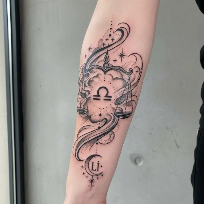 A constellation of small dots forming the Libra star pattern, shaded with stippling, placed along the ribs.