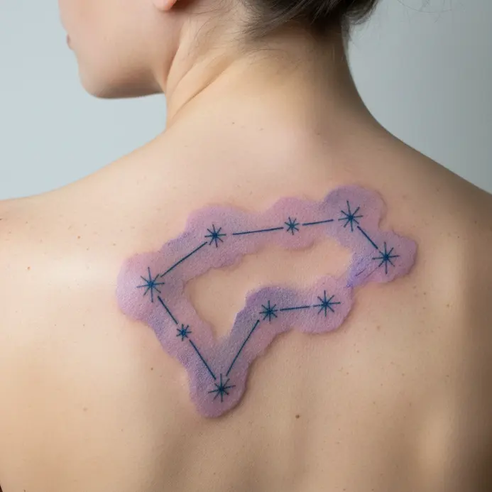 The Libra constellation stars connected by fine lines, surrounded by a soft wash of purple and blue watercolor ink.