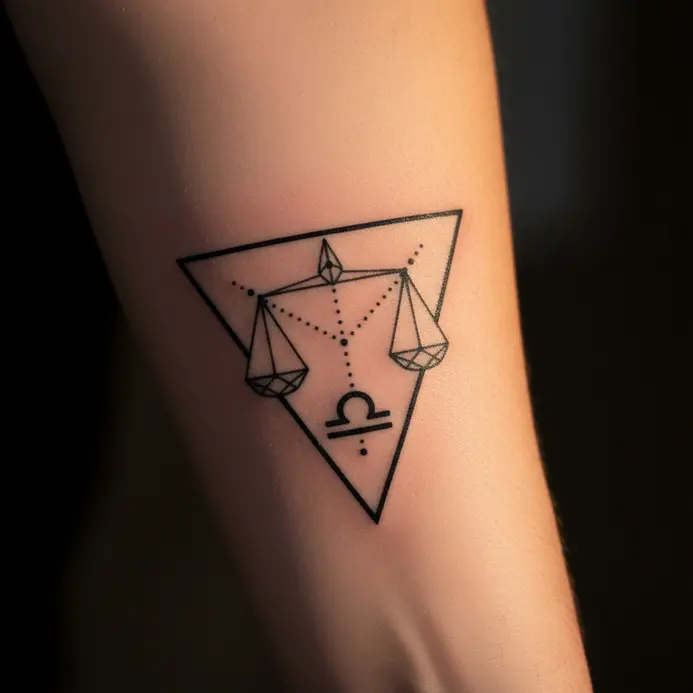 Sharp black lines form a triangle enclosing a geometric Libra scale symbol and a simplified constellation.